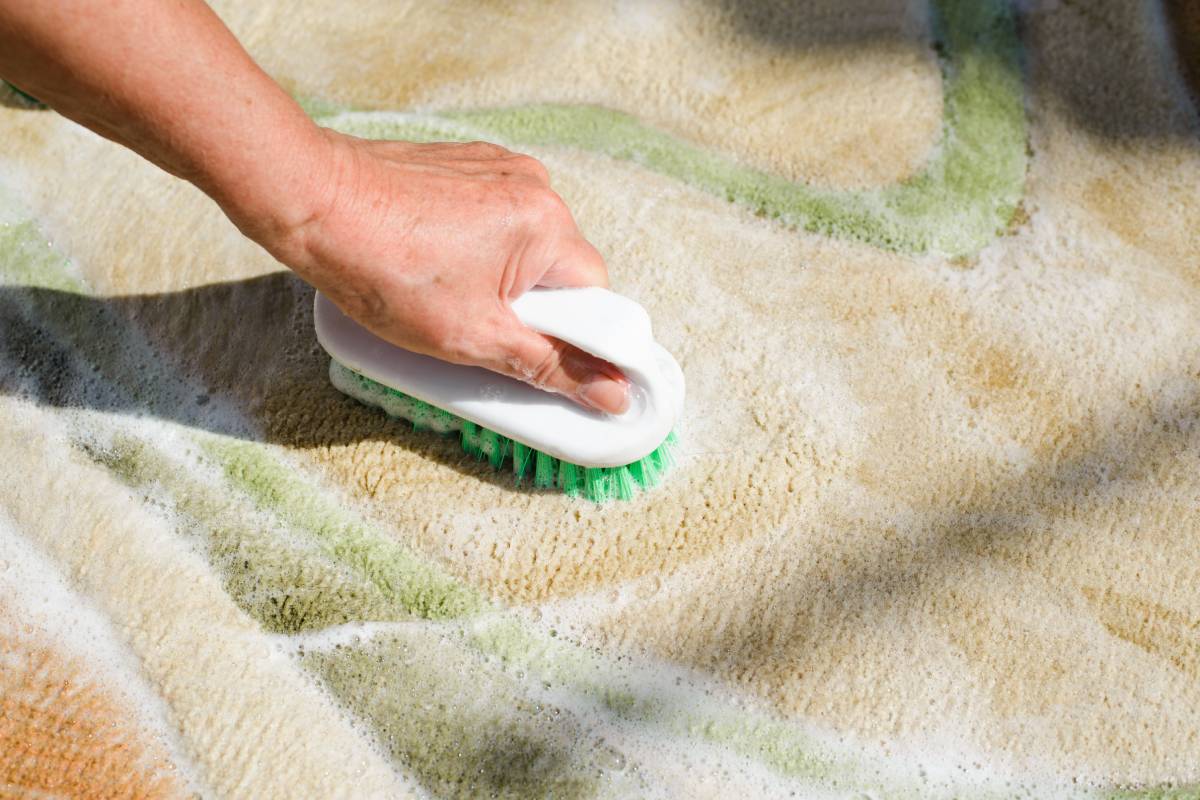 Carpet cleaning with brush and detergent foam. Close-up of woman's hand cleaning wet rug. Home hygiene.