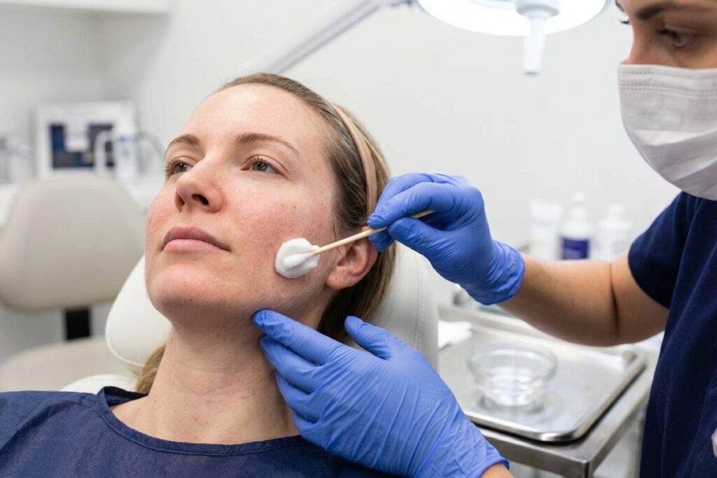 dermatologist applying glycolic acid chemical peel to patient's face